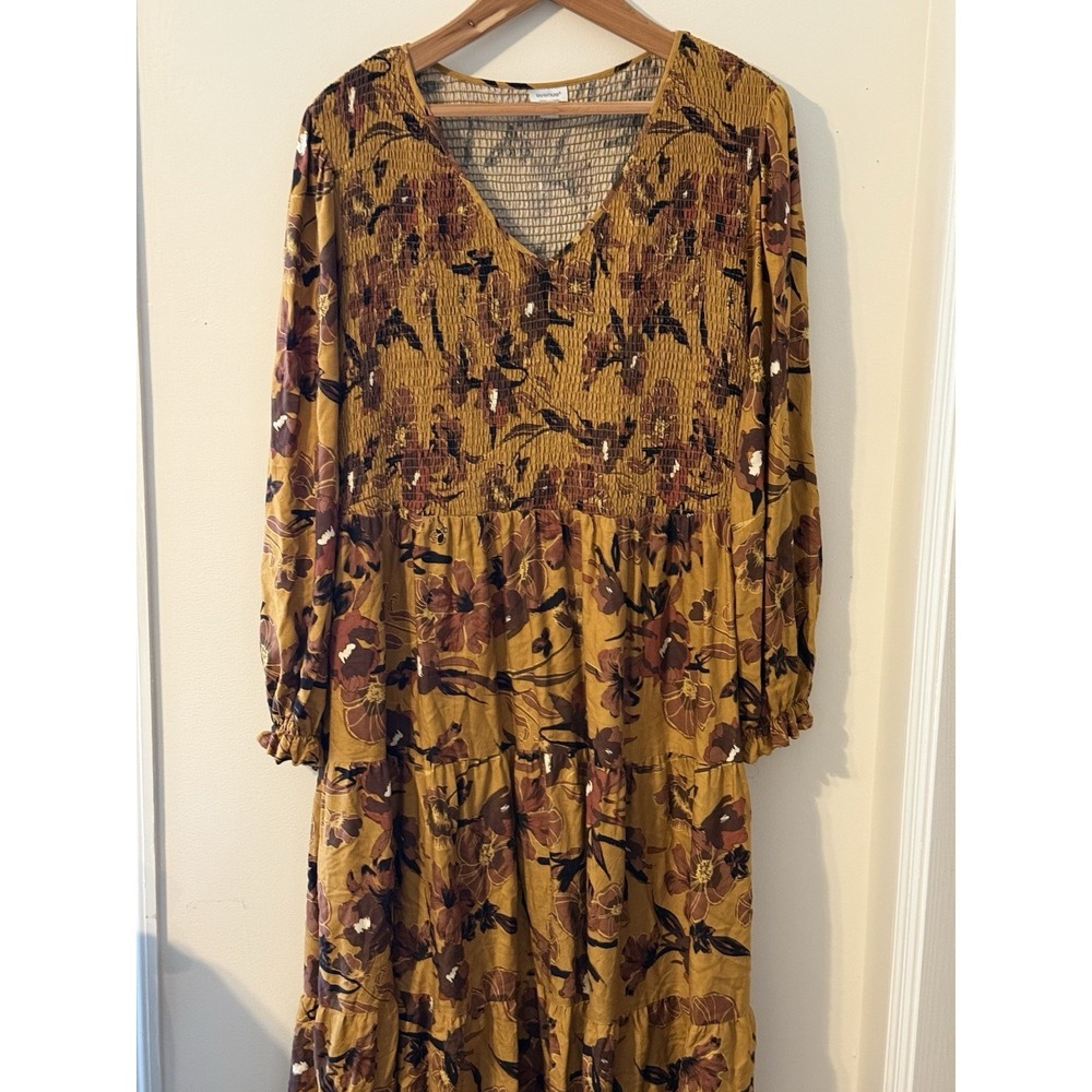 Avenue Floral Smocked Maxi Dress Long Sleeve Mustard Brown Plus 30/32 Casual